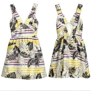 H&M Tropical Print Shimmer Mini Dress Sz 4 Sleeveless Monstera Leaf Boho